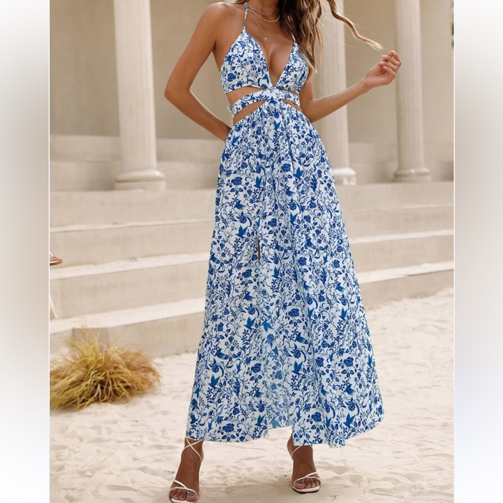 SHEIN Blue and White Maxi Skirt with Tie Front and Slit XS NWOT